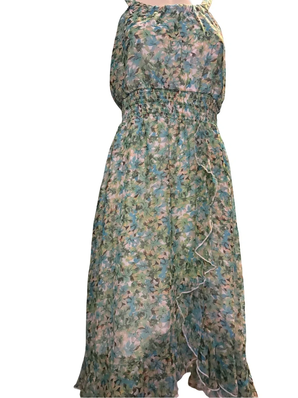 Cato Blue-Green Floral Smocked Midi Dress with Ruffle Trim